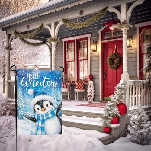 Hello Winter Penguins Garden Flags for Outside 12x18 Inch Snow Scenery Welcome Small Yard Flag Double Sided Snowflakes Flags for Outdoor Decorations