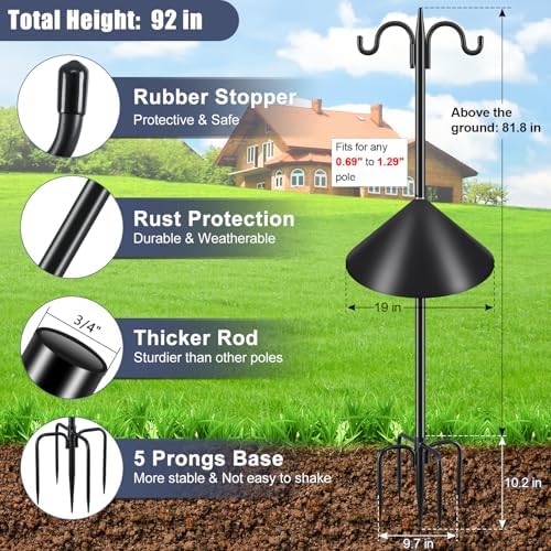 Gtongoko 92 Inch Double Hook Bird Feeder Pole with 19 Inch Squirrel Baffle
