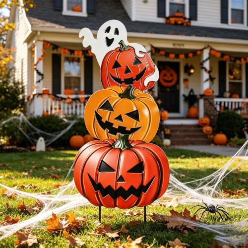 VCUTEKA Halloween Outdoor Pumpkin Stake Yard Sign, 3PCS Garden Stake Decor