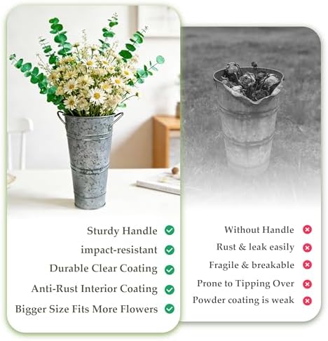 9 Inch Black Metal Flower Buckets, Set of 6 - Rustic Vases with Handles