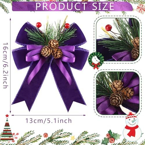Syhood 6 Pcs Christmas Bows Xmas Velvet Bows Tree Decor, Purple