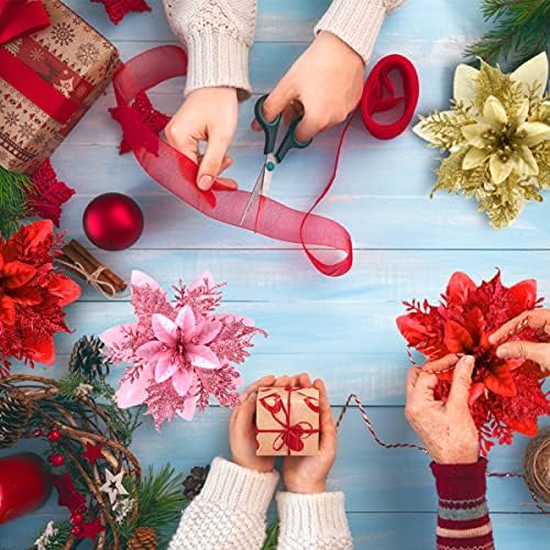 FurRain Christmas Poinsettia Artificial Flowers Decorations 5.5" Christmas Tree Wreaths Garland Decoration 12 Pcs Glitter Flowers Picks Decor for Xmas Wedding Party Ornaments (Light Blue)