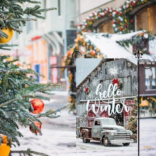 Hello Winter Truck Garden Flags 12x18 Vertical Double Sided Outside, Christmas Winter Yard Flag Outdoor Xmas Holiday Seasonal Decorations for Home