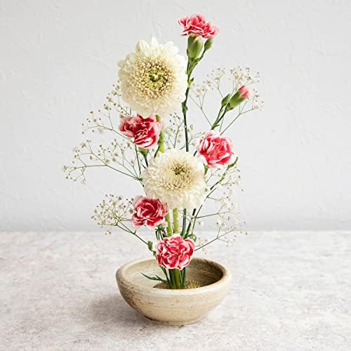 Wazakura Minoyaki Series Japanese Ikebana Essential Tool Kit - Small Round Ceramic Flower Vase and Kenzan Pin Frog for Floral Arranging (Sand Beige Vase + 2in (61mm) Brass Kenzan)