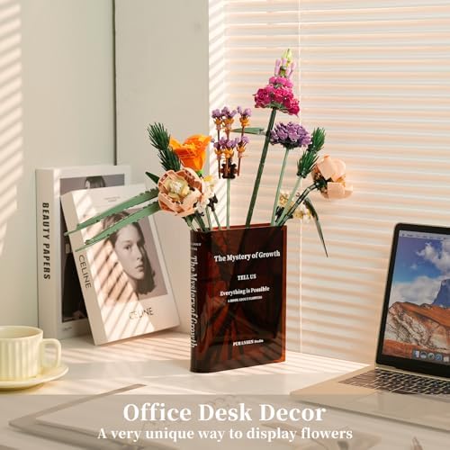 Book Vase for Flowers - Aesthetic Room Decor for Modern Home/Office，Brow