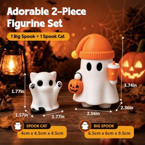 Cute Cat Halloween Ghost Figurine with Pumpkin Bucket and Orange Drink