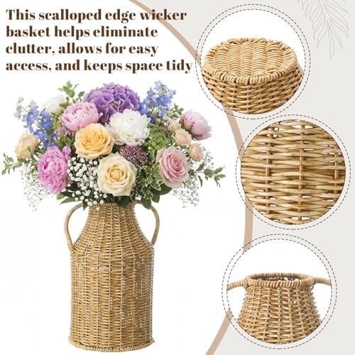 Faux Rattan Vase Wicker Vase Country Style, Double Handles, 11" h