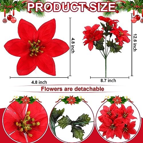 meekoo 48 Pcs Xmas Artificial Poinsettia Flowers 7 Heads W Stem, Red