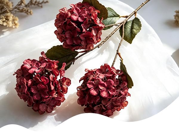 Thewe Burgundy Hydrangea Artificial Flowers – 30" Long Stem Vintage Fake Flowers, 3 Pcs, Real-Touch Silk Blooms for Rustic Home Decor, Farmhouse Wedding, Party Centerpieces, DIY Crafts