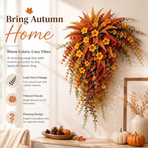 Artificial Fall Harvest Hanging Basket with Hanging Flowers (3PCS)