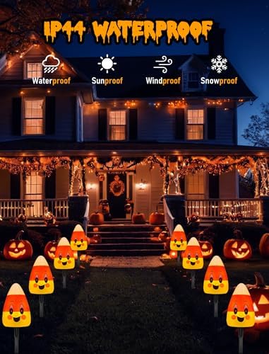 Abeja Candy Corn Lights Outdoor, 7Ft C7 LED Candy Corn Pathway String Lights with 4PCS Halloween Corn Pathway Light for Halloween Party Patio Yard Walkway Garden Decoration and Lighting