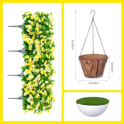Artificial Flowers with Hanging Basket, Outdoor Faux Plants UV Resistant