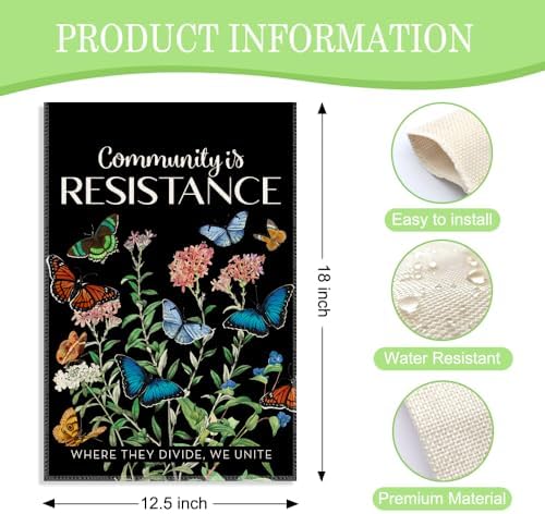 Community Is Resistance Garden Flag, 12 x 18 Inch Double Sided Butterfly Theme Human Rights Pride Decor Flag for Outdoor Garden Yard Porch, Social Justice Progressive Yard Sign for Activist