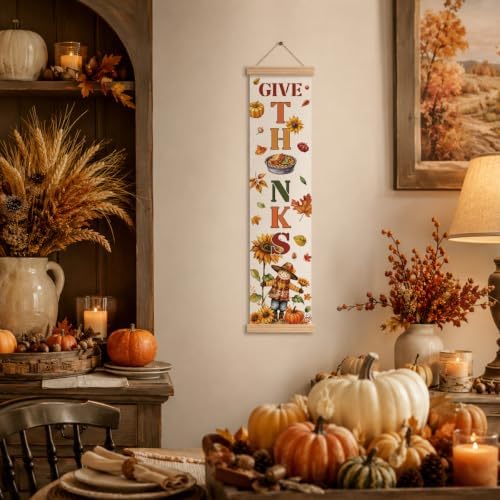 Fall Door Banner, Give Thanks Scarecrow Canvas Banner for Harvest Party