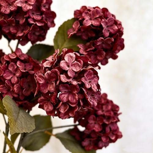 Thewe Burgundy Hydrangea Artificial Flowers – 30" Long Stem Vintage Fake Flowers, 3 Pcs, Real-Touch Silk Blooms for Rustic Home Decor, Farmhouse Wedding, Party Centerpieces, DIY Crafts