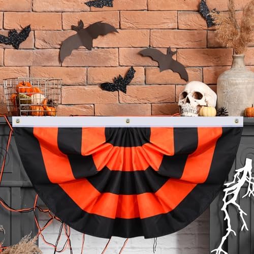 Augshy 4 Pack Halloween Bunting Fan Flags, Black Orange Pleated Half Banner