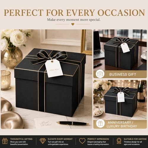 12x12x10in Empty Square Gift Box with Lid, Tall Matte Black Big Gift Box