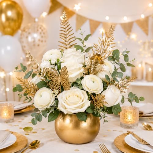 30 Pcs Gold Leaves Artificial Flowers Mini Faux Branches Gold Butterfly Rose Flower Picks Goldn Plants Foliage Stems for Wedding Picks Decor Centerpieces DIY Wreath Crafts Christmas Tree Filler