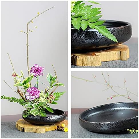 Japanese Ikebana Vase Kit, Flower Shallow Container Ceramics Ikebana Vase with 1.57inch Flower Frog and Floral Frog Floristry Kenzan Needle Straightening Tool (Frosted Bowl A with Spots)