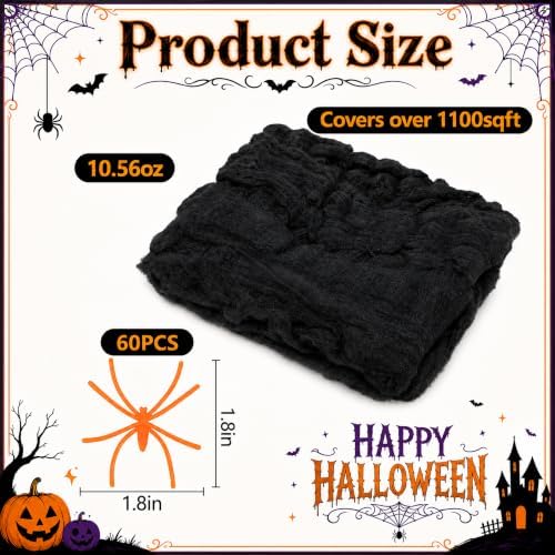 1100 Sqft Black Halloween Spider Web Decor with 60 Fake Spiders 12 Bats