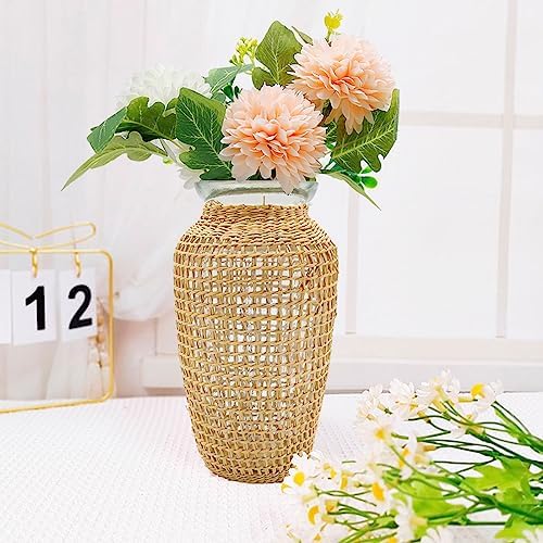 MDEOOSKY Straw Woven Glass Vase 7.9''x2.36''x3.5''Boho Glass Flower Vase Country Rustic Style Vase Glass Vase for Floral Arrangements Bottle Height (A Style 7.9IN)