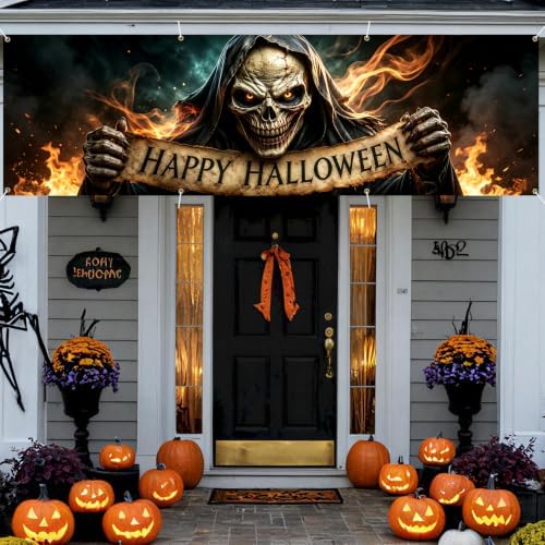 118"x35" Extra Large Happy Halloween Banner Big Spooky Halloween Backdrop for Giant Outdoor Yard Easy Hang with Ropes&Grommets–Perfect for Fence, Porch, Garden, Haunted House Party Signs (Fiery Skeleton, 118"x35")