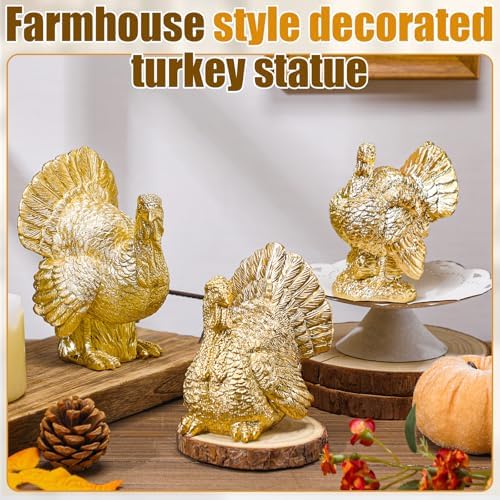 VioraWhite 3 Pack Fall Thanksgiving Turkey Decor Gold Resin Turkey Figurine