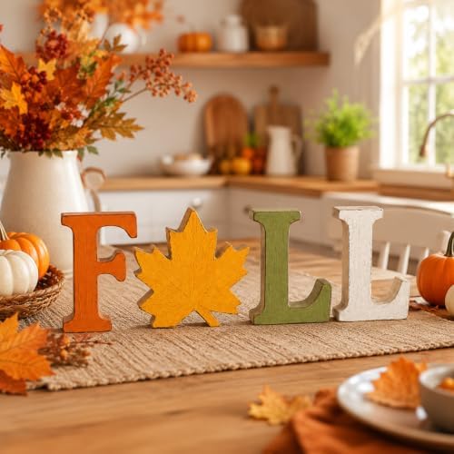 Fall Decorations for Home, 4 PCS Wooden Table Signs, Autumn Letter Blocks