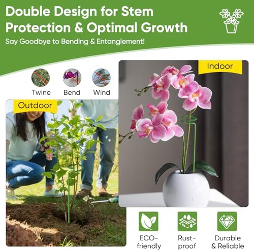 12 Pack Plant Support Stakes with 24 Pcs Plant Clips, Garden Single Stem Support Stake, Plant Cage Support Ring for Indoor Outdoor Flowers Rose Amaryllis Tomatoes Peony Lily Orchid