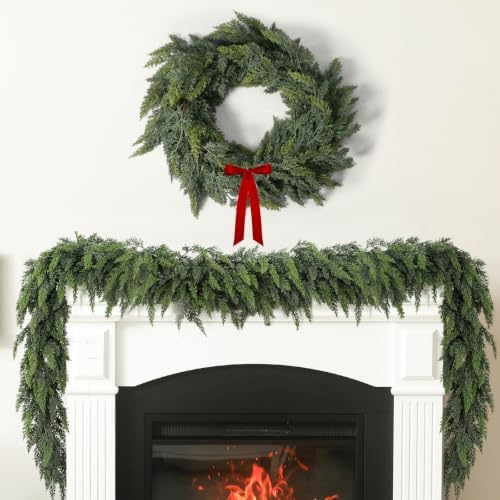 12 Ft Christmas Cedar Garland, Real Touch Soft Greenery Mantel Decor