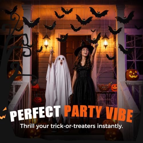Hanging Bats Halloween Decoration Outside, 2026 Upgraded Light Up Bat Decor, Versatile Bat Party Decorations (24, Green, Medium)