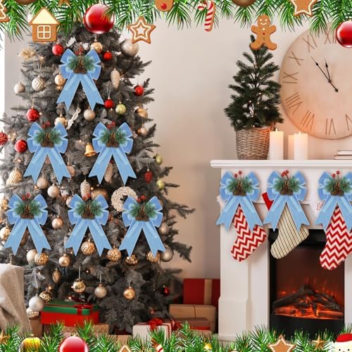 Syhood 6 Pcs Christmas Bows Xmas Velvet Bows Tree Decor, Bright Blue