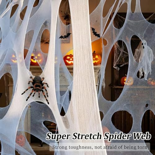 1600 Sqft （After Streched with Holes） Uncut Giant Spider Web Halloween Decorations Outdoor with 10 Ground Nails Stretchy Beef Cloth Netting Cut-Your-Own Flexible Elastic for Yard Party Decor