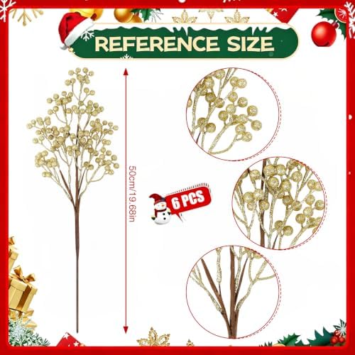Fangoo Artificial Red Berry Stems, 6 PCS, 19.7 Inch, Burgundy Holly Berry Picks Branches for Christmas Tree, Wedding, Holiday Winter Decor (Gold)