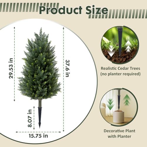 Set of 2 Artificial Cedar Topiary Christmas Trees, 3FT UV-Resistant Faux Cypress Shrubs with Ground Spikes — Tall Evergreen Decorative Plants for Outdoor and Indoor Porch, Patio, and Garden
