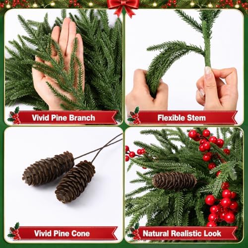 JOICEE 24Pcs Real Touch Norfolk Pine Branches with Pinecones Red Berries