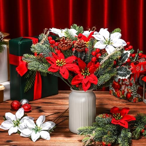 20 Pcs Artificial Christmas Flowers Poinsettia Stem Picks