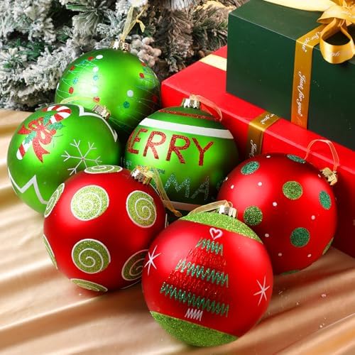 Lanpn 6Pcs 6" Large Outdoor Christmas Ornaments, Xmas Tree Elf Swirl Ball Decoration, Big Red Green Christmas Ornament, Giant Glittering String Ball Plastic Hanging Decor for Lawn Yard Holiday Party