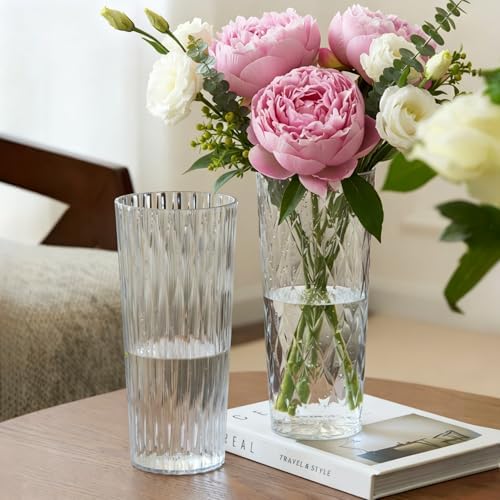2 Clear Plastic Flower Vase, 10.2" Acrylic Rose Bouquet Vases for Home Decor Centerpieces Wedding Birthday Mothers (D4.6 2 + 2 Holder)