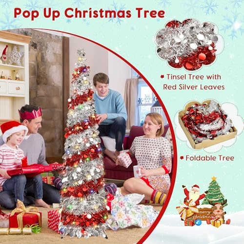 5FT Christmas Trees with 90 Lights, Collapsible Artificial Sequin Pop Up Christmas Tree, Tinsel Slim Pencil Christmas Tree for Home Holiday Fireplace Party Indoor Outdoor Xmas Decorations (Sliver&Red)