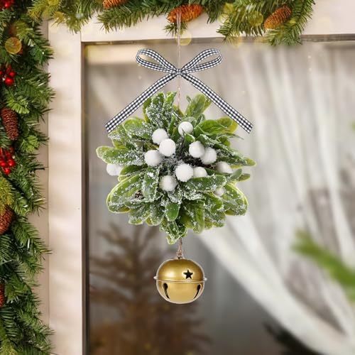 Forwe Mistletoe Christmas Decor Artificial Mistletoe Kissing Ball Ornament with Bell Bow Berries Hanging Christmas Decorations for Doorway Arch Light Fixture Xmas Tree (White)