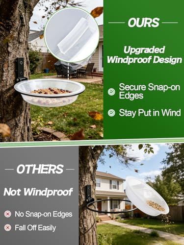 Windproof Bird Feeders Tray - 2pcs Tree Mounted Wild Bird Bath for Outdoors Place Food Water, Installed on Wall Wooden Deck Fence with Heavy Duty Iron Ring, 7.2'' Dia. (Clear)