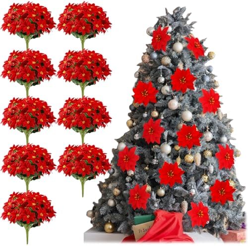 9 Pack Christmas Artificial Poinsettia Flowers 7 Heads Red Flower
