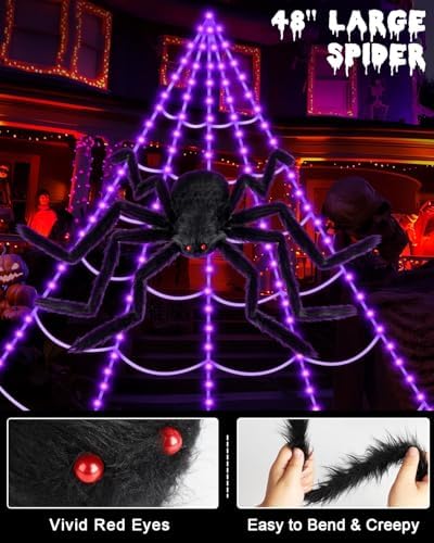 Brighter Spider Webs Halloween Decorations Lights,250 Purple LED Light Up,16.4Ft 8 Modes Giant Spiderweb with Remote Control,48'' Giant Spider,Waterproof & Timer,Halloween Decor for Outdoor