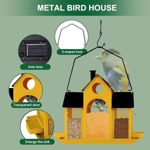Solar Bird Feeder House for Outside Hanging, Large Capacity Birdhouse Bird Feeders Hanging for Outdoors, Metal Mesh Wild Birdfeeder for Finch Cardinal (Yellow and Black)