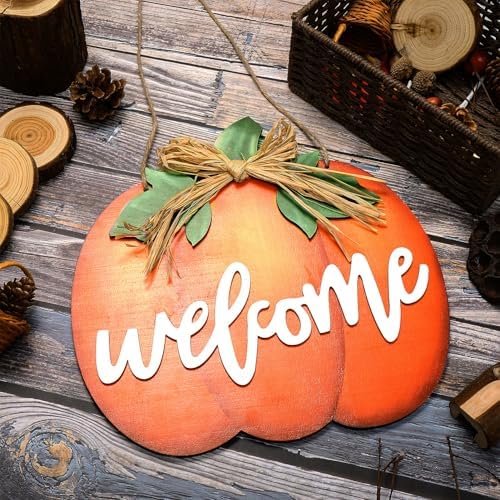 Jetec Fall Door Decor, Wooden Fall Pumpkin Welcome Sign Hanger, Orange