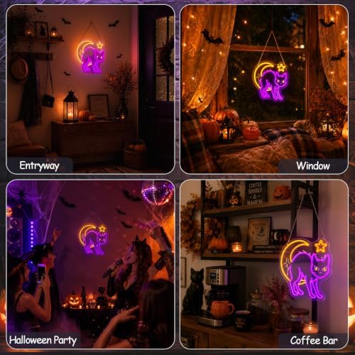 Mystic Cat & Moon Halloween Neon Sign, Dimmable Neon Signs for Wall Decor