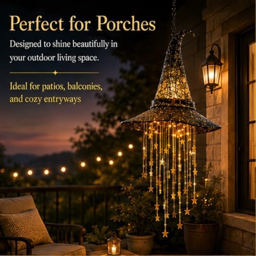 Lighted Witch Hat Hanging Chime, Halloween Outdoor Ornament, Glowing Mesh Cascading Stars, Black Frame Decoration, Party Decor, Flying, LED Lighted Window Tree Displays(3pcs)