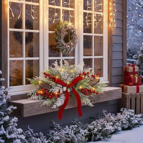 Giegxin 24 Inch Christmas Swags with LED Light Artificial Frosted Cedar Swag Decoration with Red Bow Red Berries and Pine Cones for Front Door Window Stair Fireplace Mantle Holiday Xmas Decor