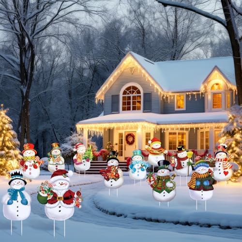 Bencailor 12 Pcs Christmas Snowman Yard Signs with Stakes Decorations